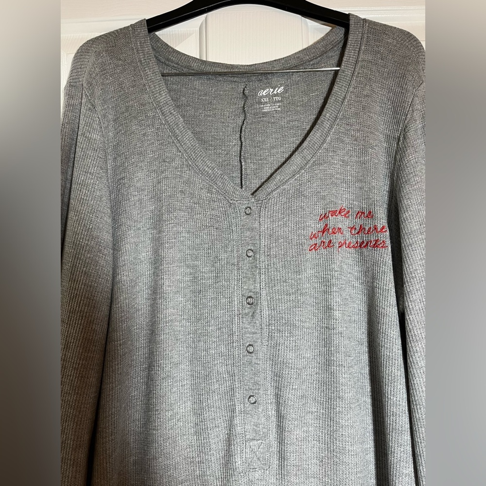Aerie Gray Pajama Romper with “Wake Me Up When There Are Presents” Embroidery - Picture 2 of 10